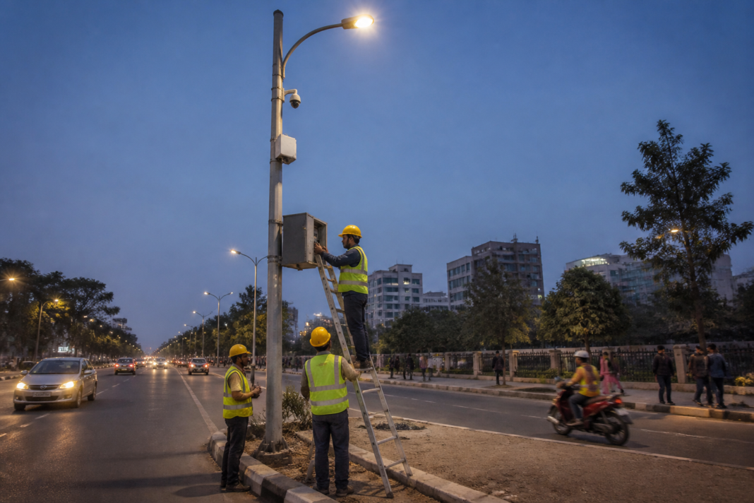 Delhi smart street lights illuminating a city road at night with traffic and pedestrians