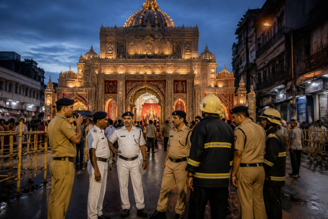 Kolkata Durga Puja pandal with visible fire-safety and police arrangements