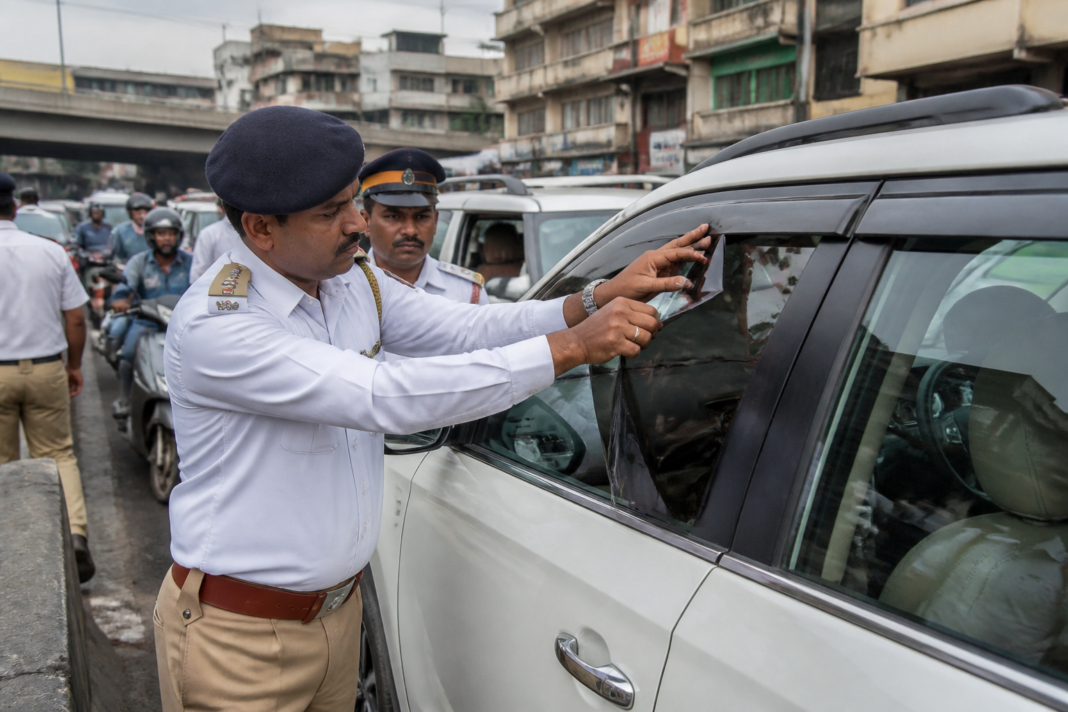 Dombivli traffic police removing black window film from a car during enforcement.