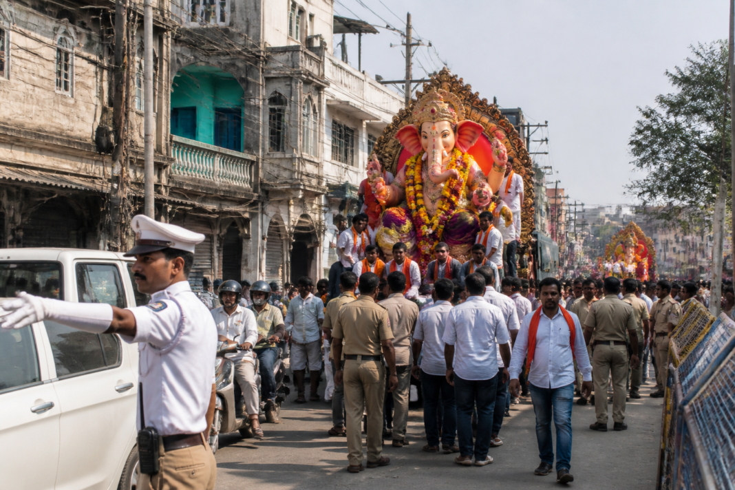 Balapur Ganesh procession moving through Hyderabad with traffic police managing the route