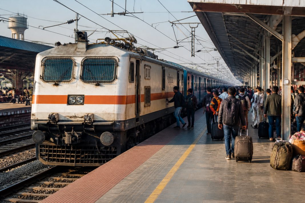Indian Railways new trains at a busy railway station with passengers boarding
