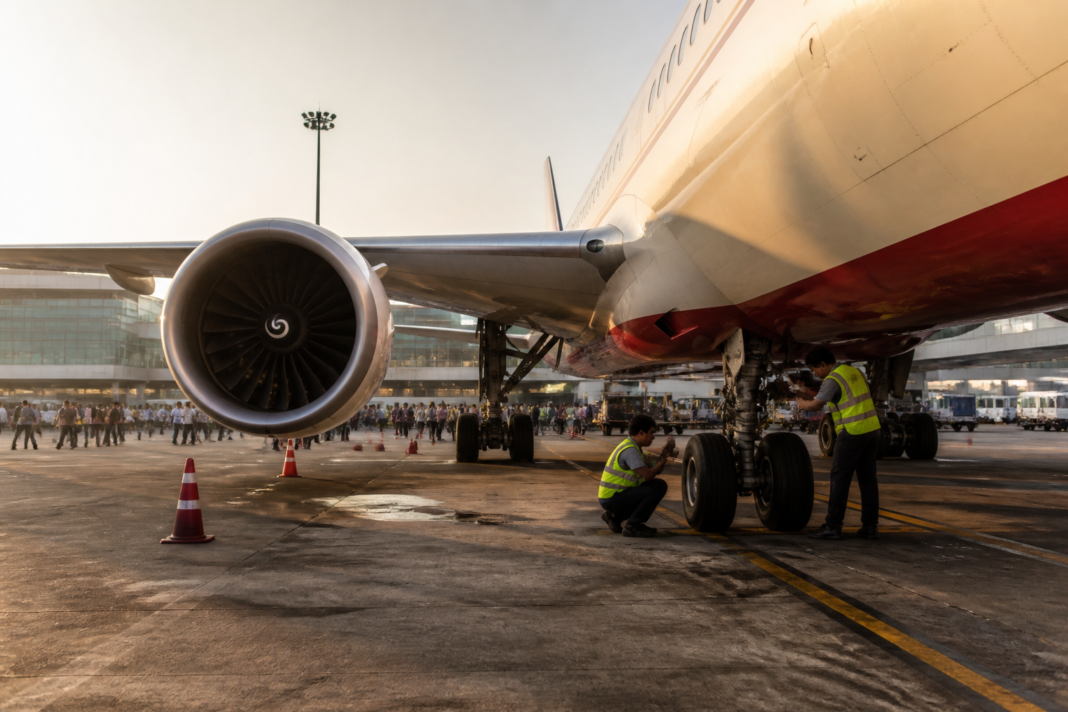Air India turnaround challenges shown through an aircraft at an Indian airport terminal