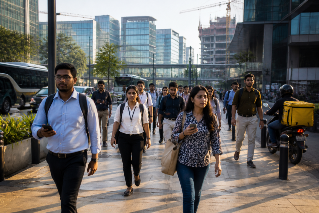 India hiring outlook shown through office workers and urban employment activity in Bengaluru