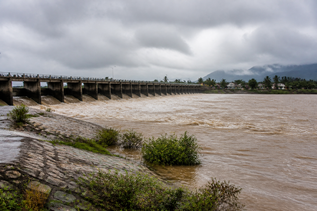 Andhra Pradesh river flood warning near a swollen river and barrage in Srikakulam