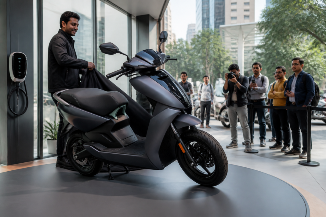 Ather Energy electric scooter displayed at a Delhi launch event