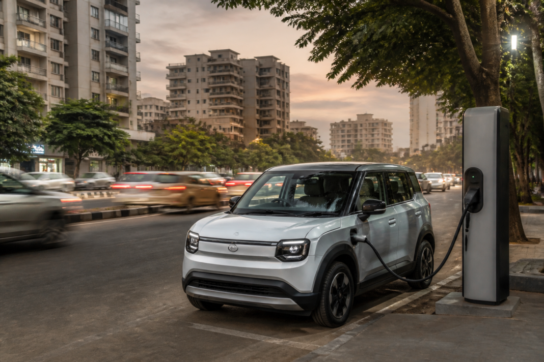 Range extender EV concept for Indian urban roads with a compact car near a charging point