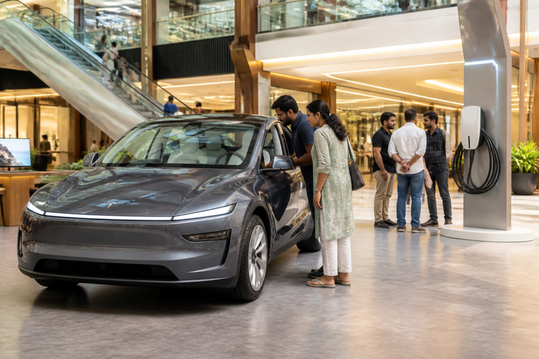 Tesla Chennai experience centre at Express Avenue Mall with an electric car on display