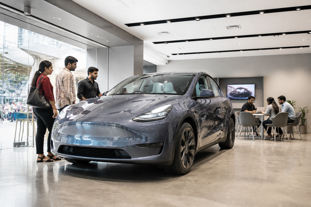 Tesla Chennai Experience Centre at Express Avenue Mall with a Model Y on display.