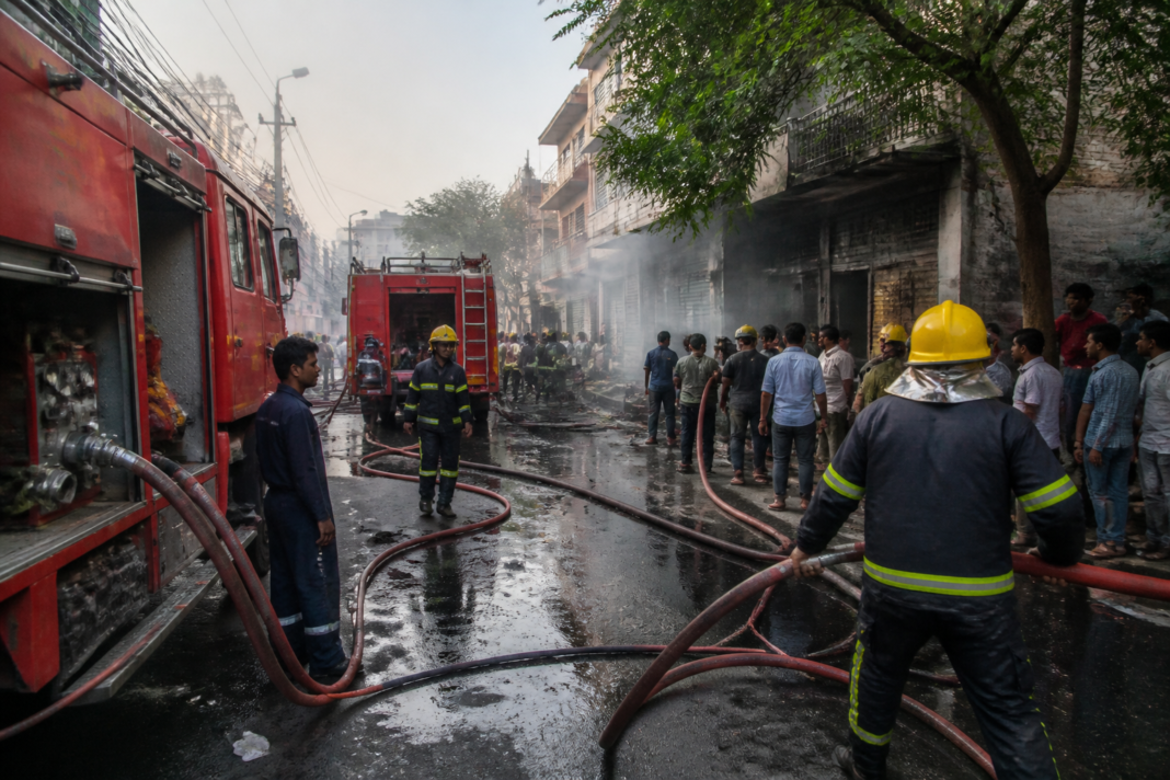 Firefighters responding to the Model Town fire outside a Delhi food outlet