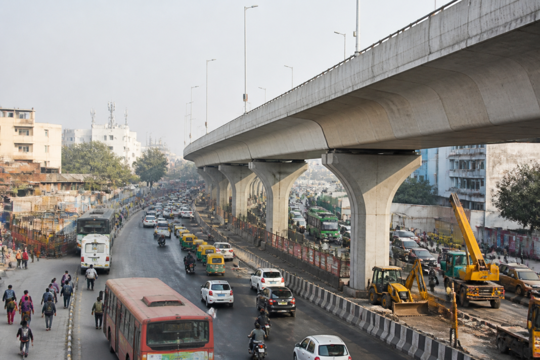Delhi road projects including an elevated corridor and flyover construction on a busy urban route