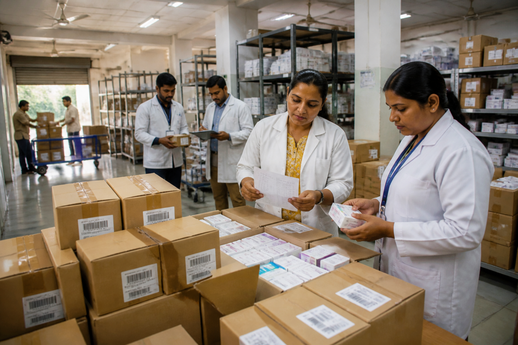 Karnataka hospital drug procurement inspection at a medicine distribution facility