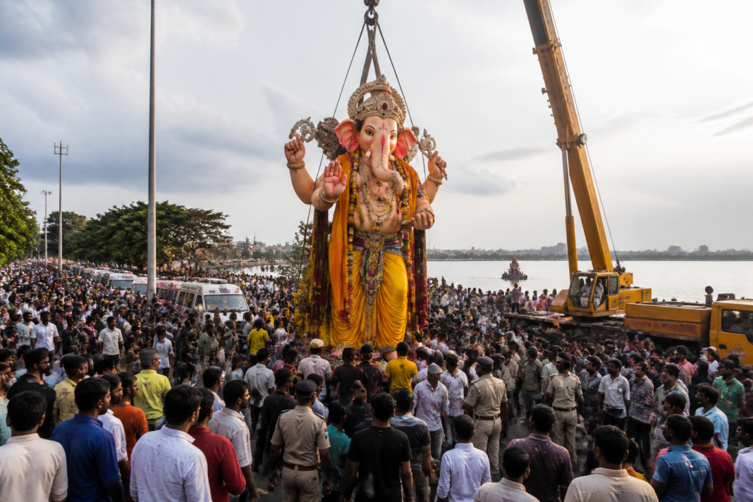 Hyderabad Ganesh immersion procession near Hussain Sagar with crowds and civic cranes