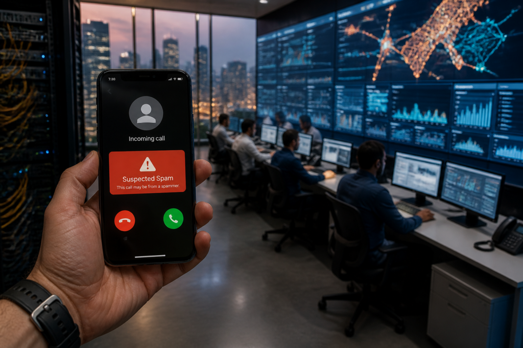Airtel spam detection system shown through a smartphone and telecom network security dashboard