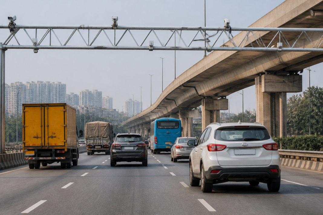MLFF tolling Bengaluru highway traffic passing beneath ANPR cameras without toll booths
