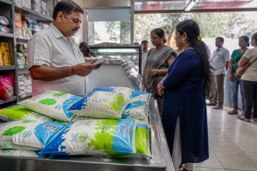 Nandini milk packets displayed at a retail outlet in Karnataka amid a proposed milk price hike.