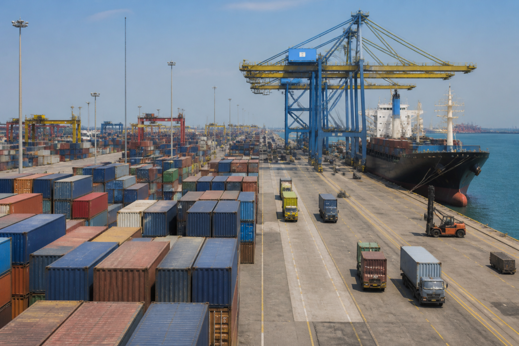 VOC Port storage area with stacked export-import containers at Thoothukudi port