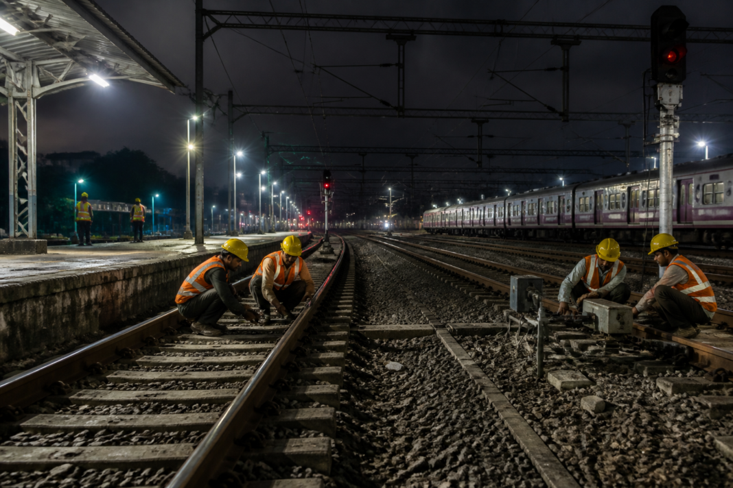 Western Railway suburban train near Vasai Road during overnight maintenance operations