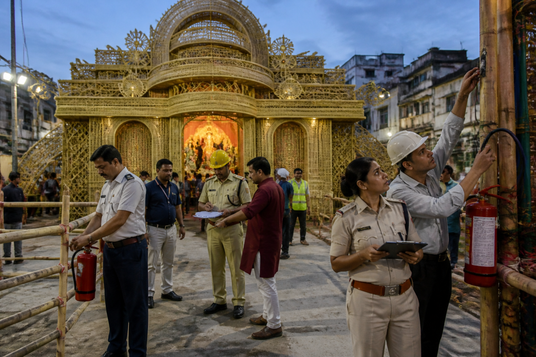Kolkata Durga Puja pandal prepared with clear emergency exit routes and fire-safety measures