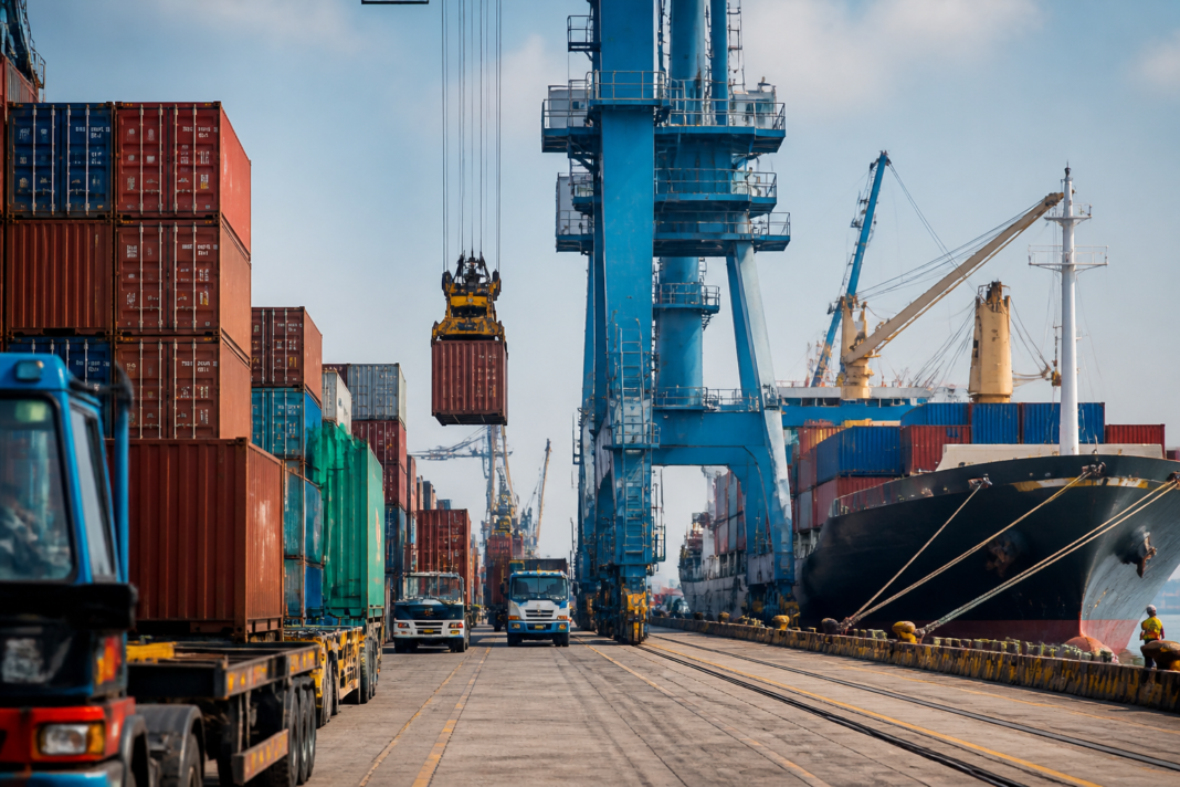 VOC Port storage area with stacked export-import containers near a berth in Thoothukudi