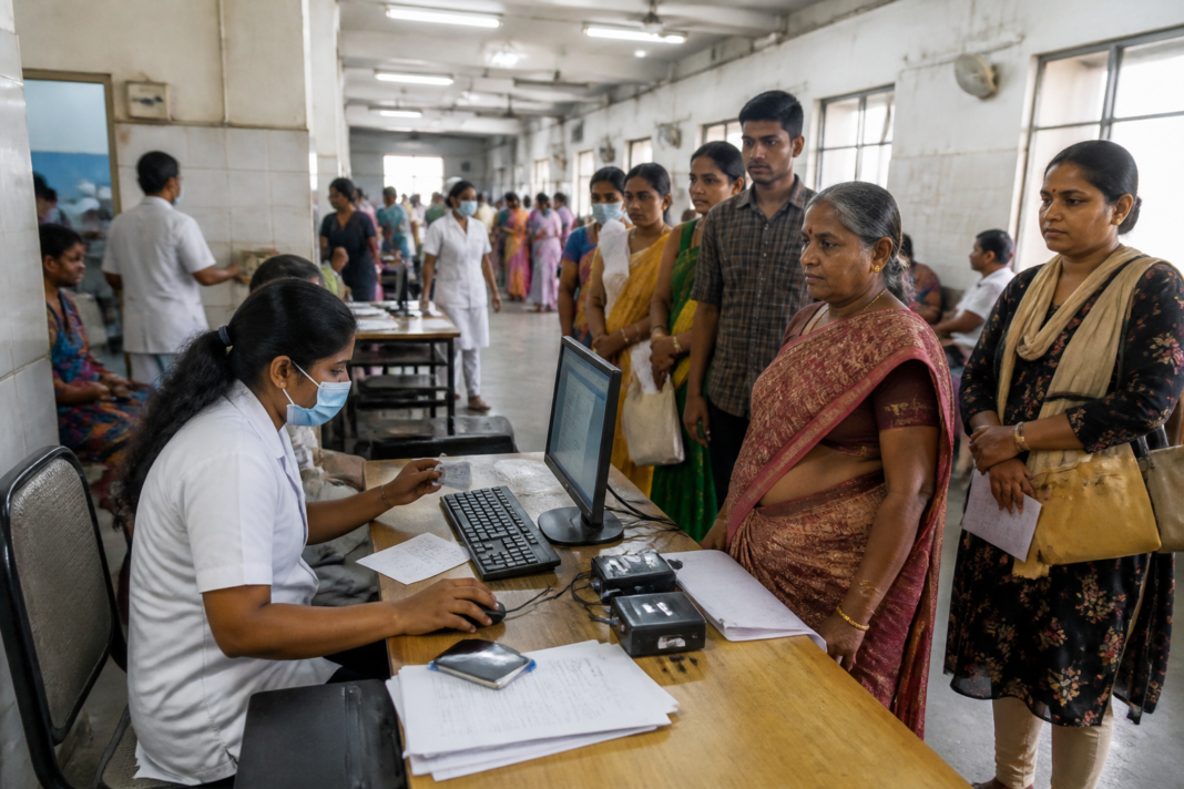 ABHA registration desk inside a crowded Tamil Nadu government hospital
