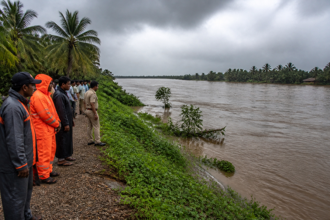 Godavari flood warning preparations near rising waters at Dowleswaram in Andhra Pradesh