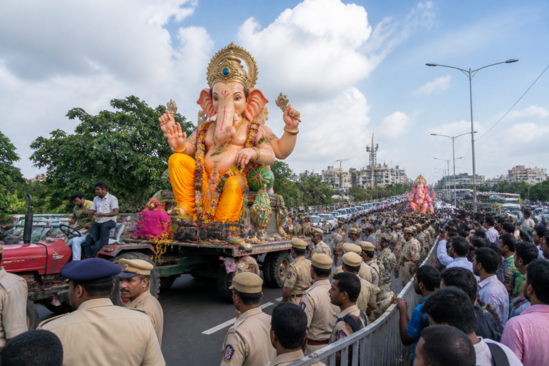 Hyderabad Ganesh immersion procession moving through a restricted city route near Tank Bund