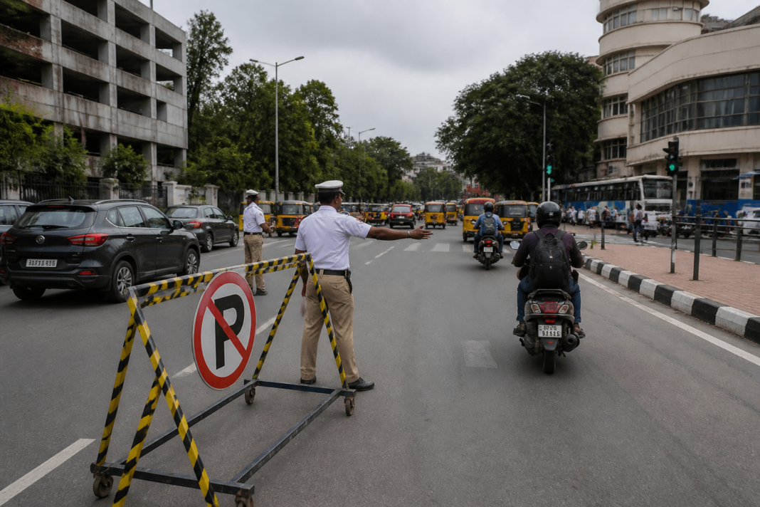 Bengaluru traffic diversion near Veerapillai Road with vehicles being directed through an alternate urban route.