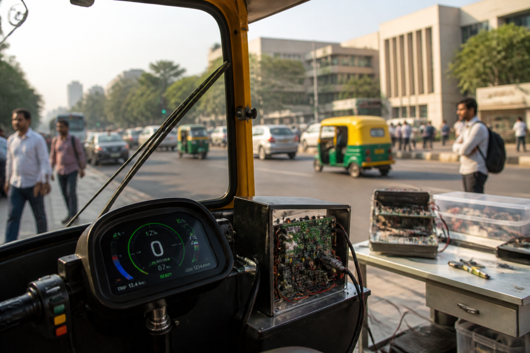 IIT Delhi indigenous micro-GPU concept shown with an e-rickshaw dashboard and digital display