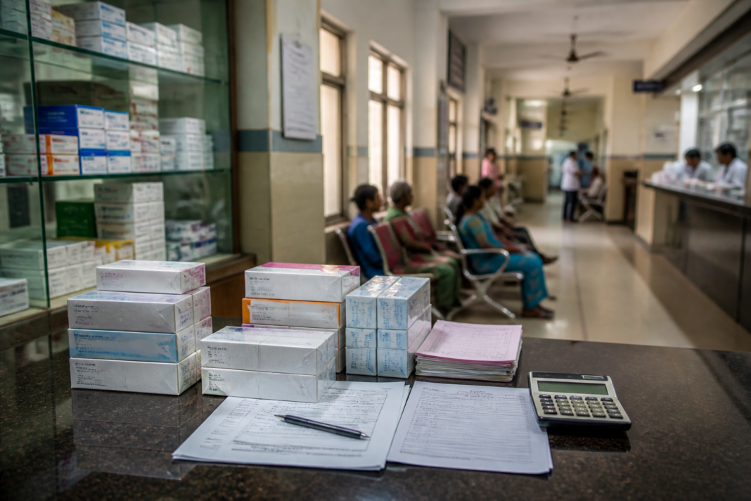 Breast cancer drug prices represented by medicines and a hospital pharmacy counter in India