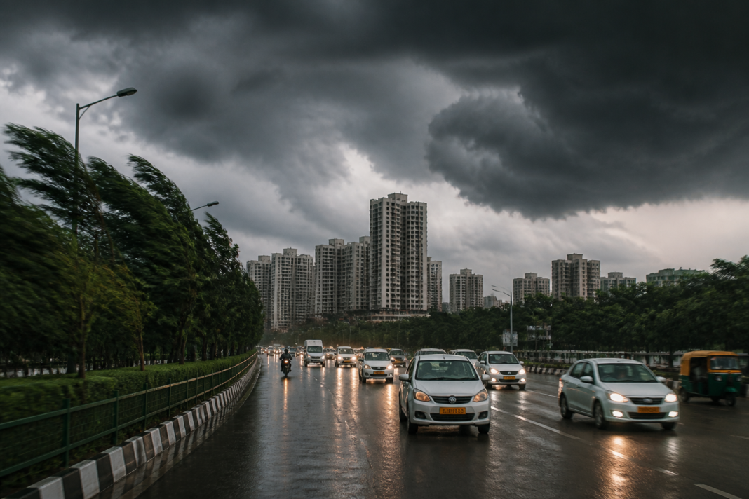 Delhi-NCR weather forecast showing dark rain clouds over an urban road