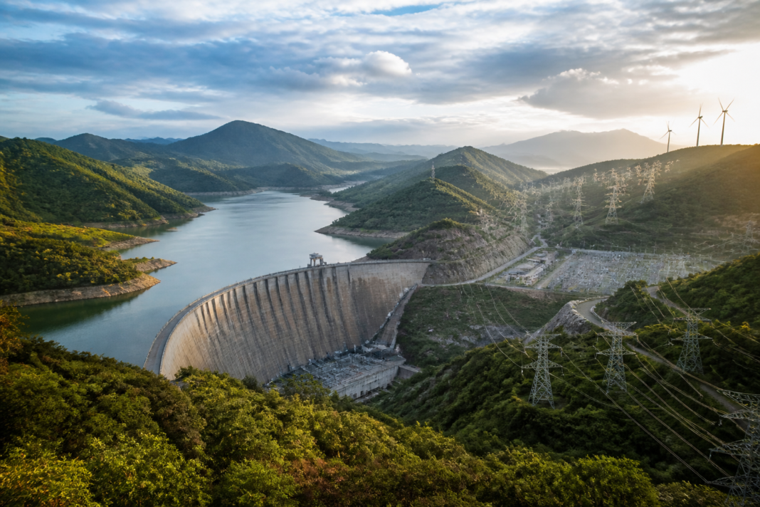 NTPC EDF joint venture clean energy infrastructure with a pumped storage dam and transmission lines in India