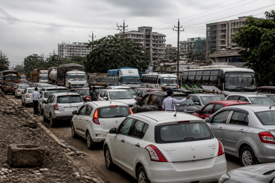 Kalyan Shilphata traffic jam with heavy vehicles crowding a congested urban road