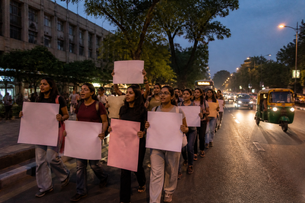 Delhi women's safety march by university students outside a college campus