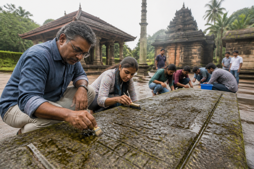 Barkur inscriptions being cleaned at a historic temple in Karnataka