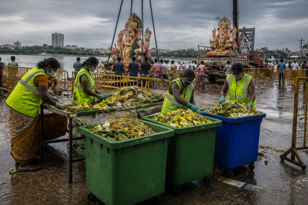 Cyberabad Ganesh immersion site with segregated flower waste collection
