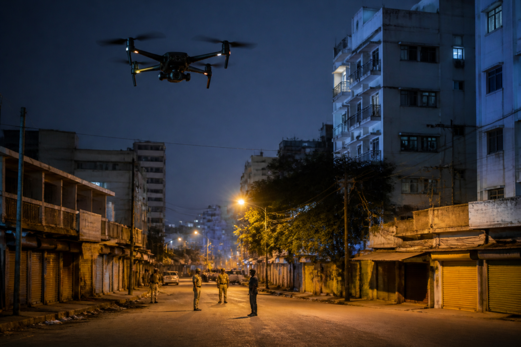 Malkajgiri drone surveillance over a Hyderabad neighbourhood at night