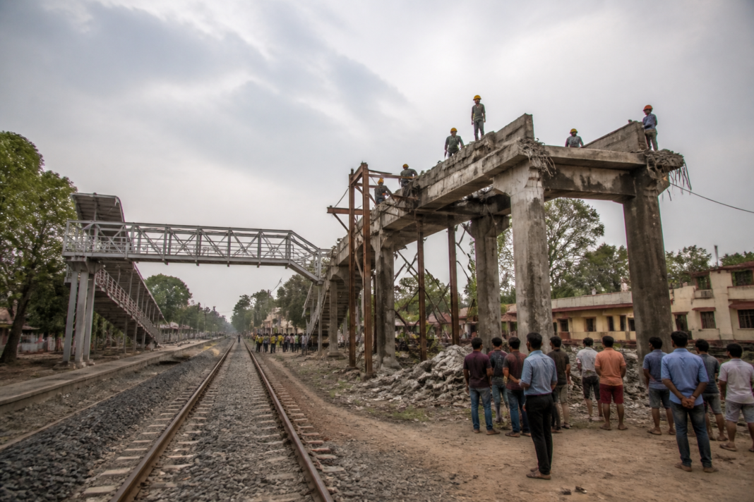 Sardiha foot over bridge at the railway station being dismantled in Jhargram, West Bengal.