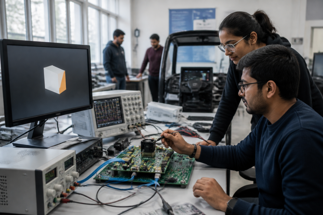 IIT Delhi micro-GPU research displayed on a digital screen in an electronics laboratory