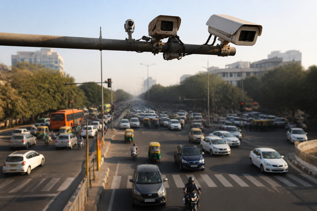 Delhi traffic cameras monitoring vehicles on a busy road for traffic challans