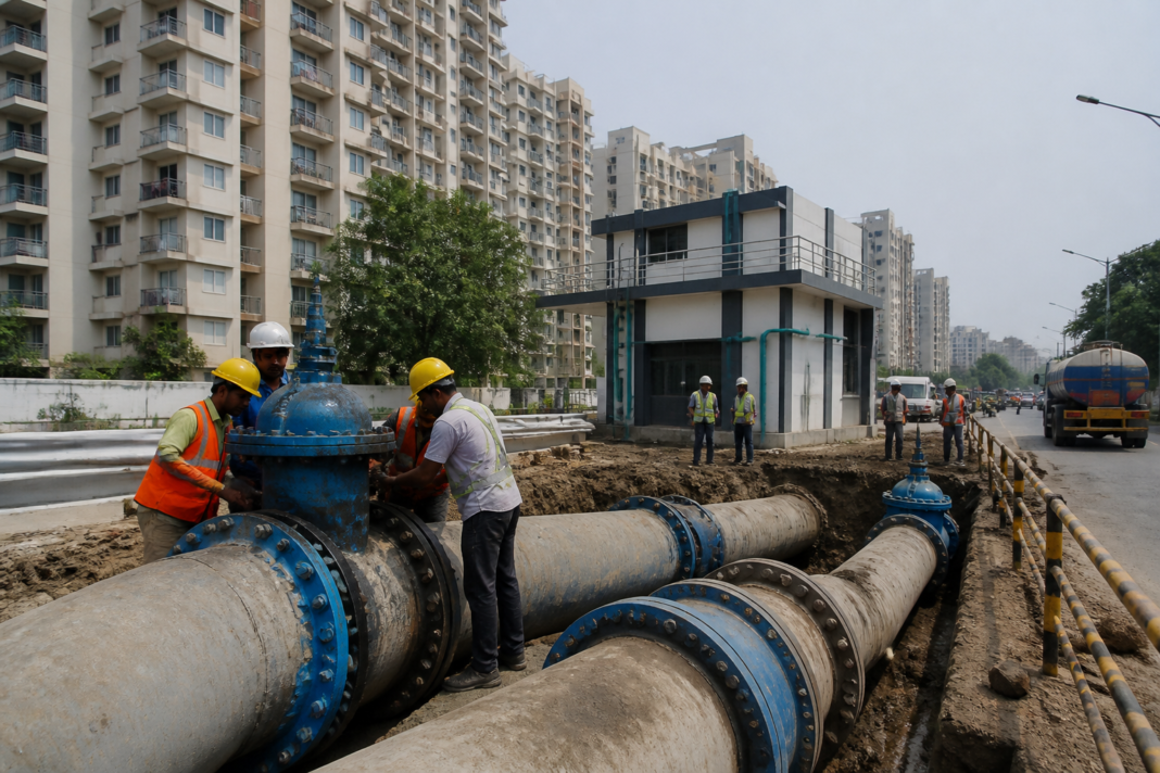 Gurugram water supply infrastructure near a residential sector during a planned water cut