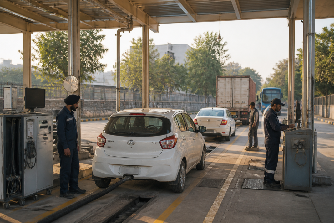 Delhi PUC checking drive at an automated vehicle testing station in Burari