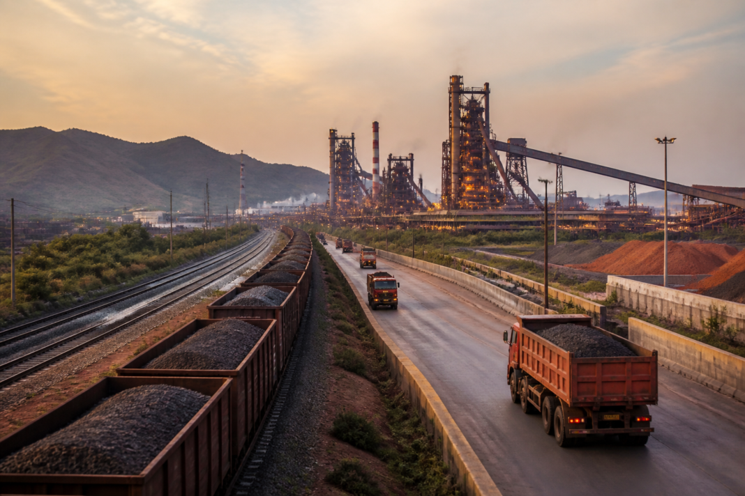 Odisha steel capacity expansion represented by a steel plant and industrial logistics corridor.