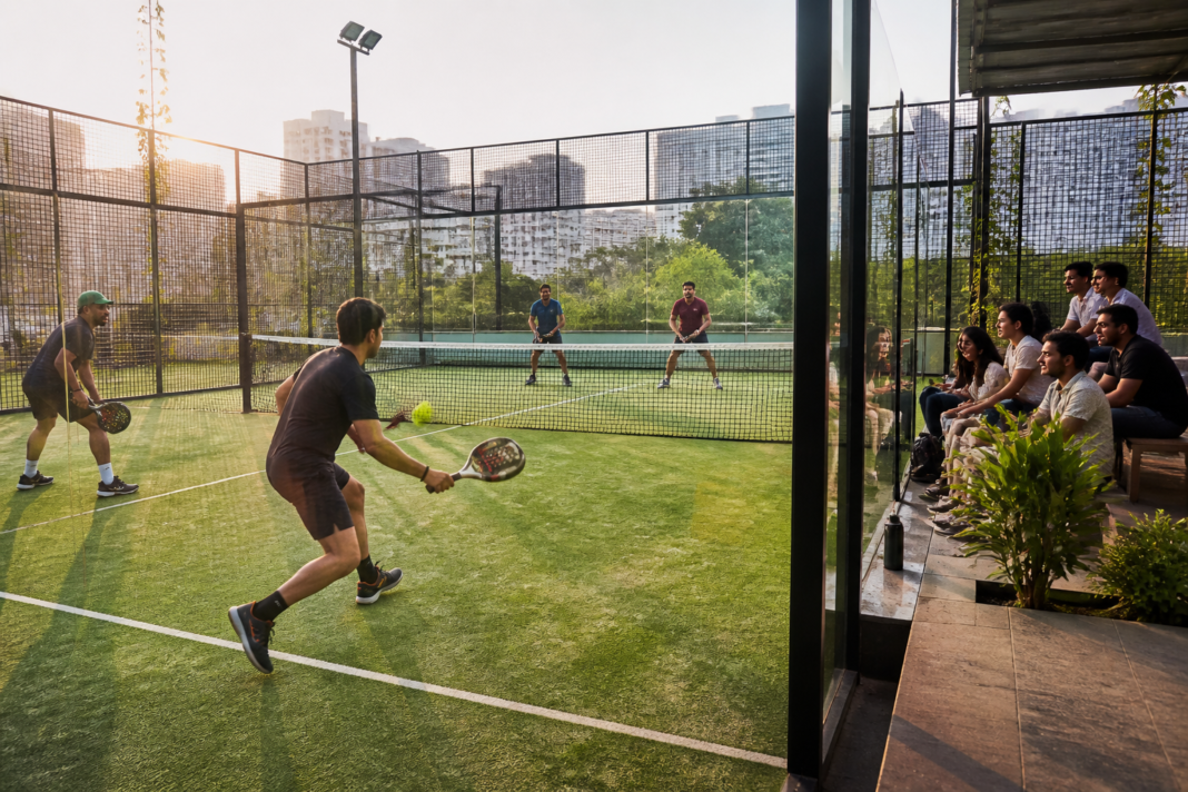 Padel in Hyderabad players on a glass-walled court during an urban recreational match