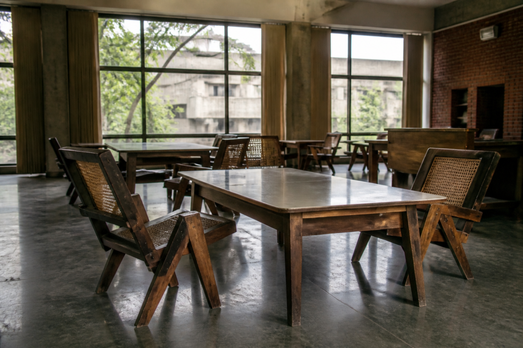 Chandigarh heritage furniture chairs linked to Le Corbusier and Jeanneret in an institutional setting