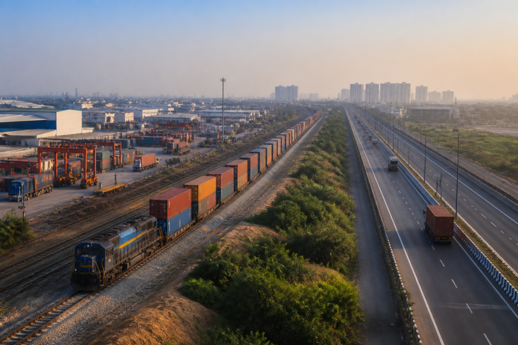 NCR industrial-logistics ring linking freight rail, warehouses and expressways around Delhi