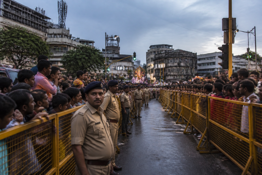 Pune Ganpati visarjan safety arrangements along a crowded central-city procession route