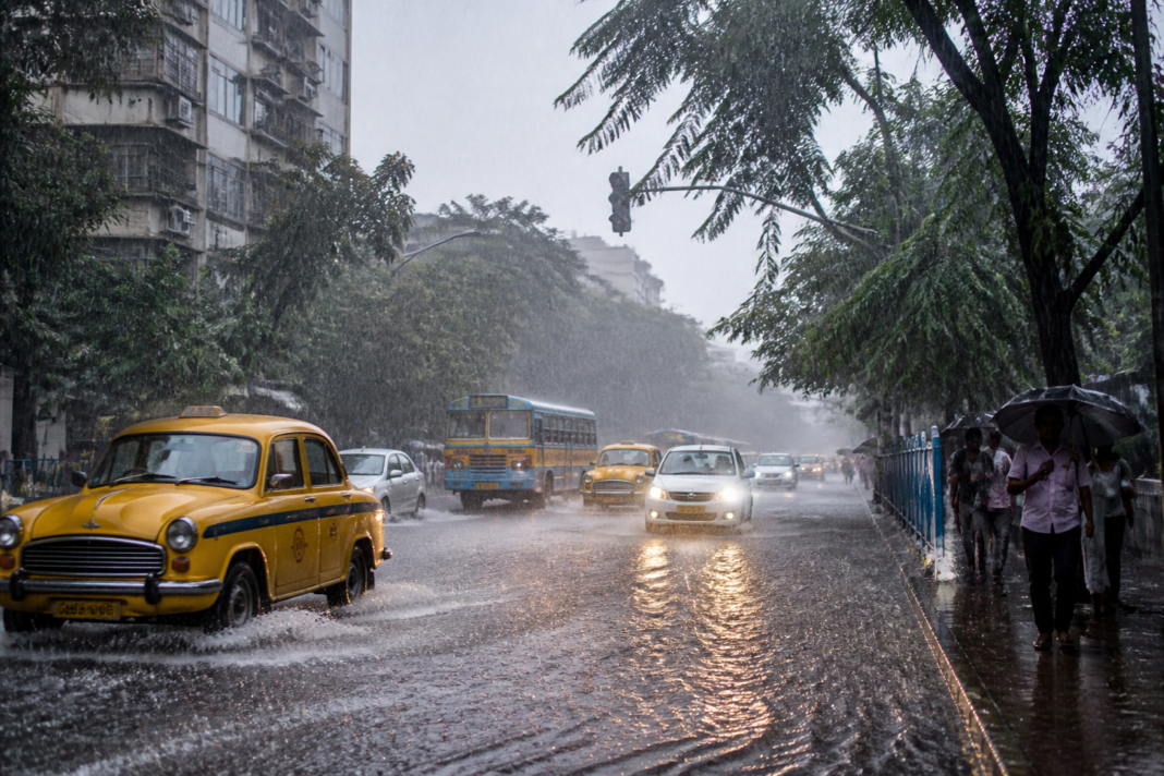 Heavy rain on a Kolkata street during the city's September rainfall surge