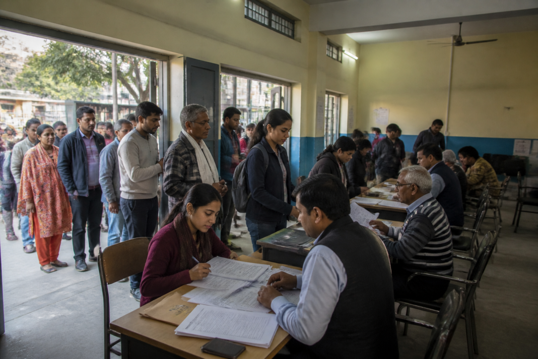 Delhi voter list revision notice at a polling booth with residents checking enrolment details