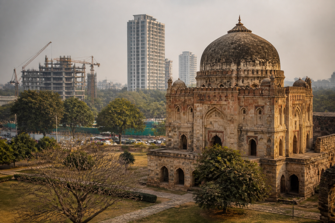 Delhi monuments surrounded by dense urban development and construction pressures