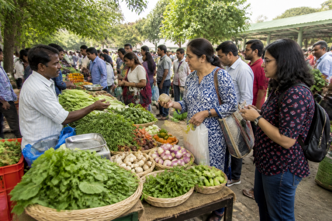 Bengaluru Raitha Santhe at Hebbal with farmers displaying fresh produce and millet products